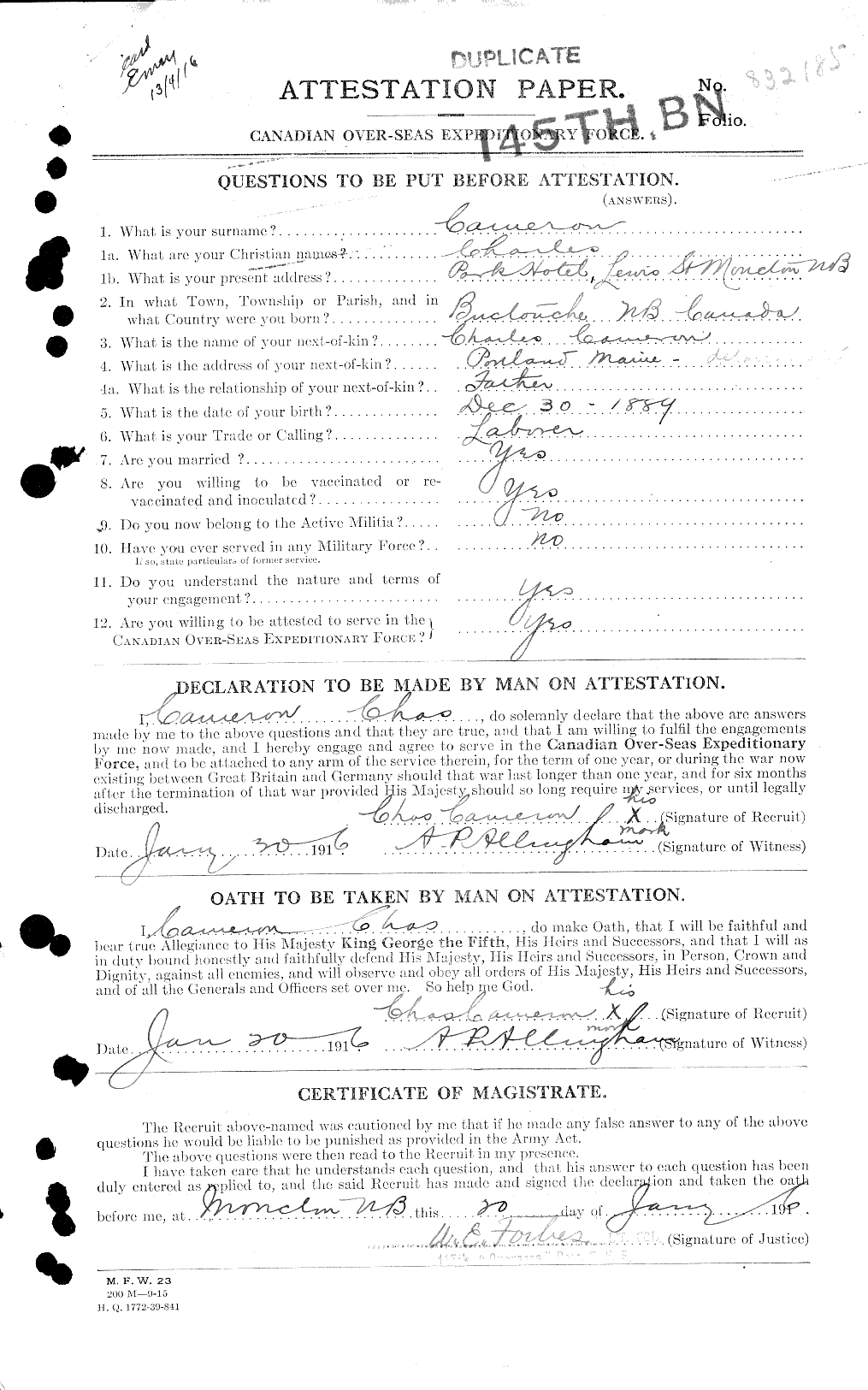 Dossiers du Personnel de la Première Guerre mondiale - CEC 002594a