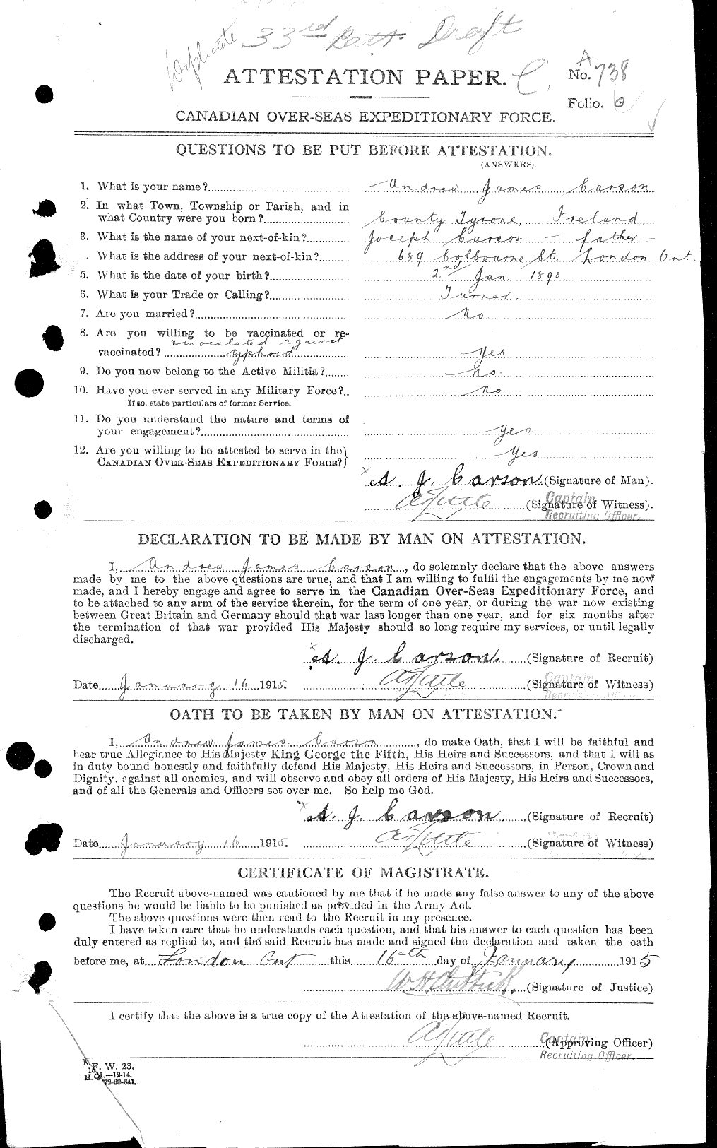 Dossiers du Personnel de la Première Guerre mondiale - CEC 005820a