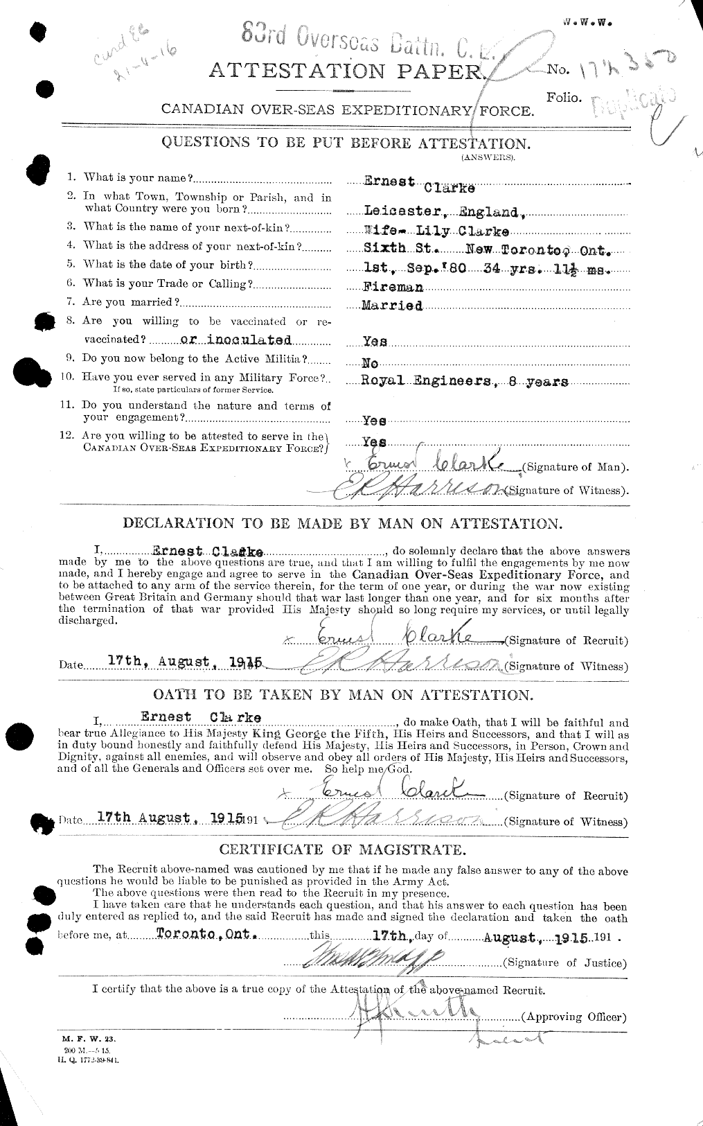 Dossiers du Personnel de la Première Guerre mondiale - CEC 024231a