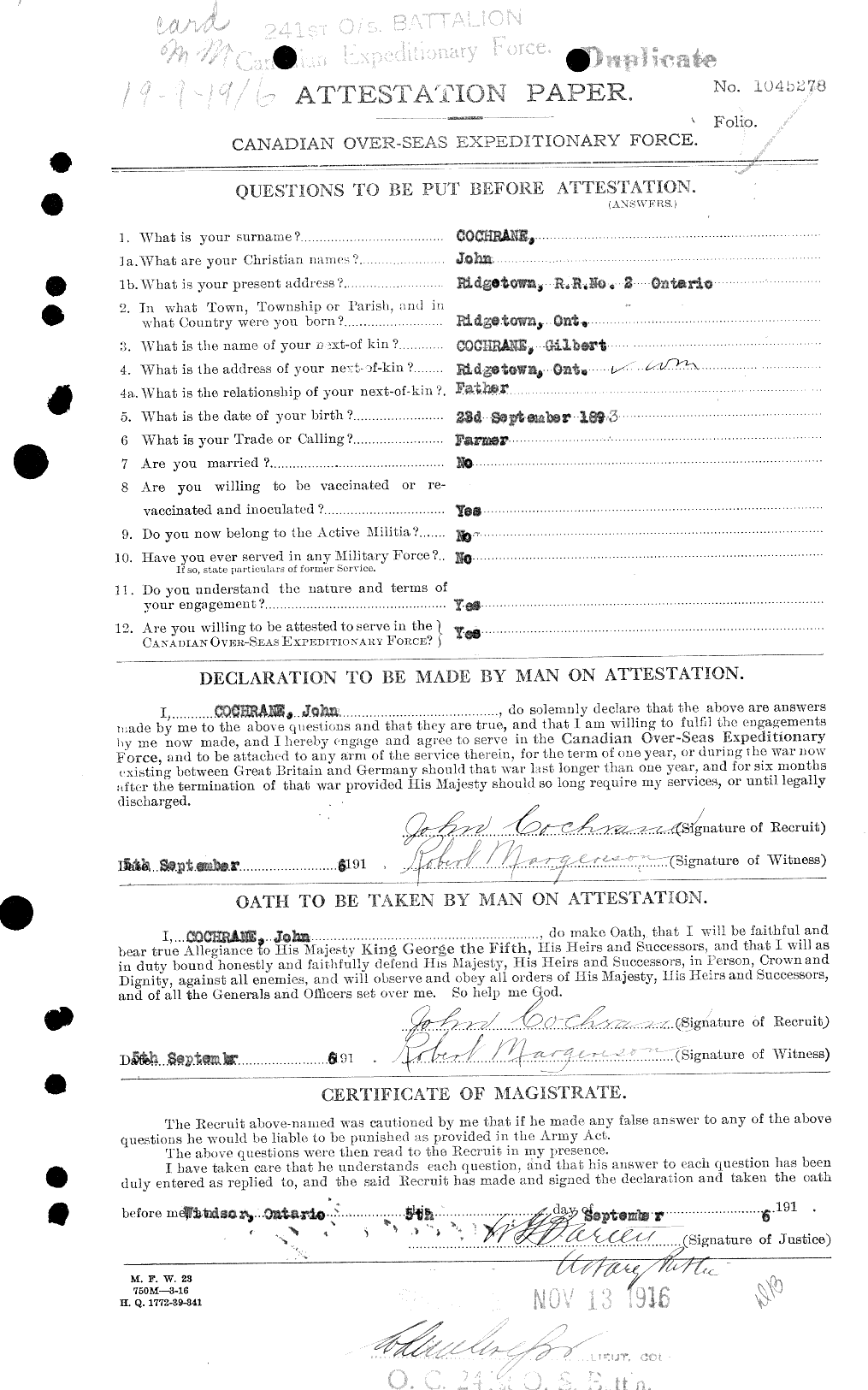 Dossiers du Personnel de la Première Guerre mondiale - CEC 026407a