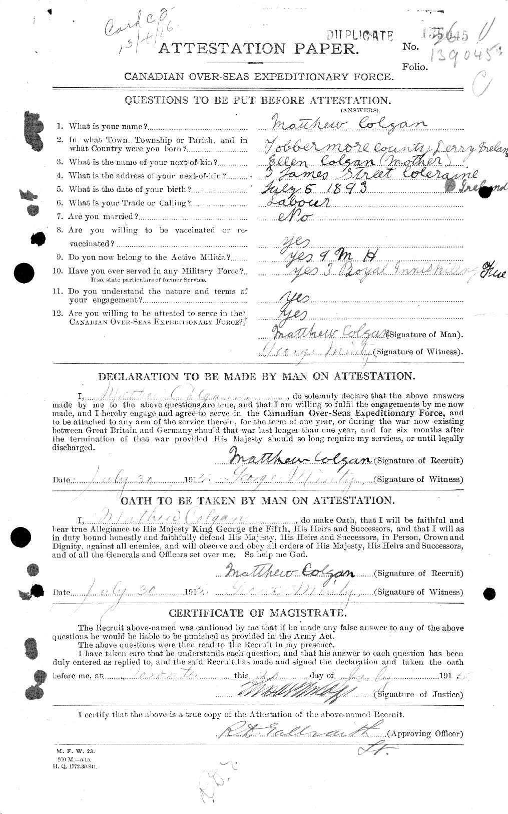 Dossiers du Personnel de la Première Guerre mondiale - CEC 028482a