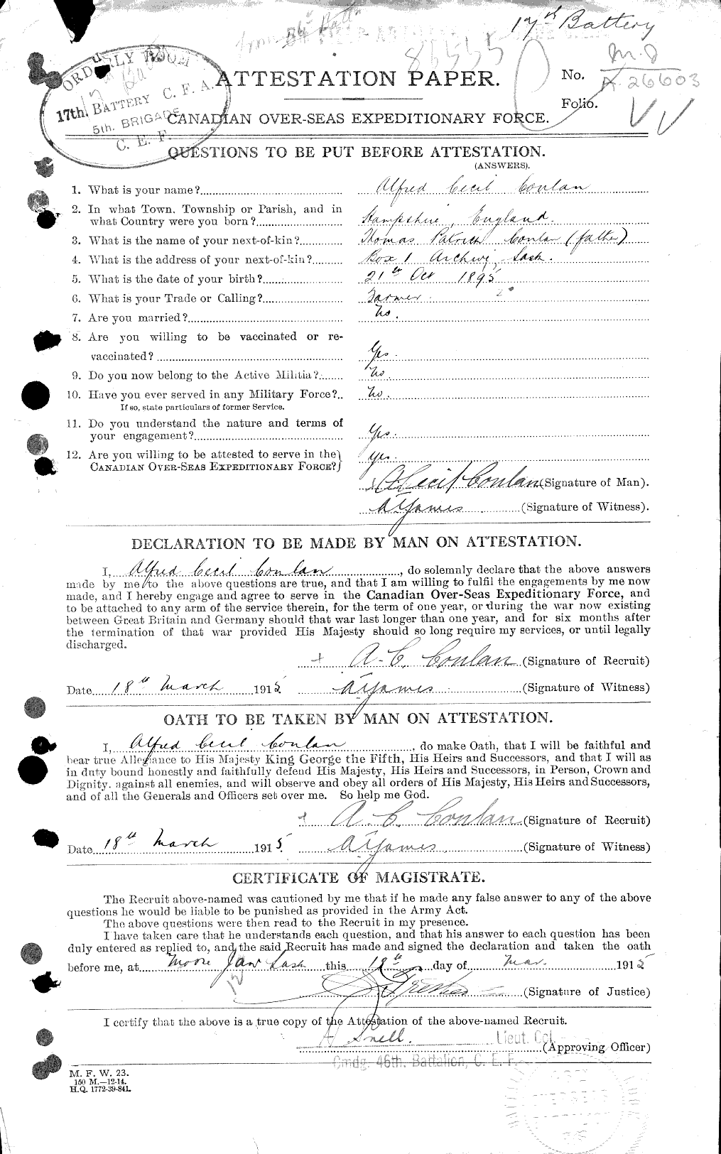 Dossiers du Personnel de la Première Guerre mondiale - CEC 035952a