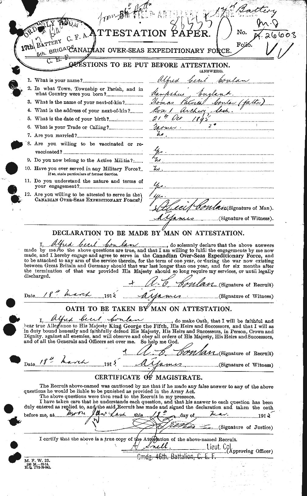 Dossiers du Personnel de la Première Guerre mondiale - CEC 068262a