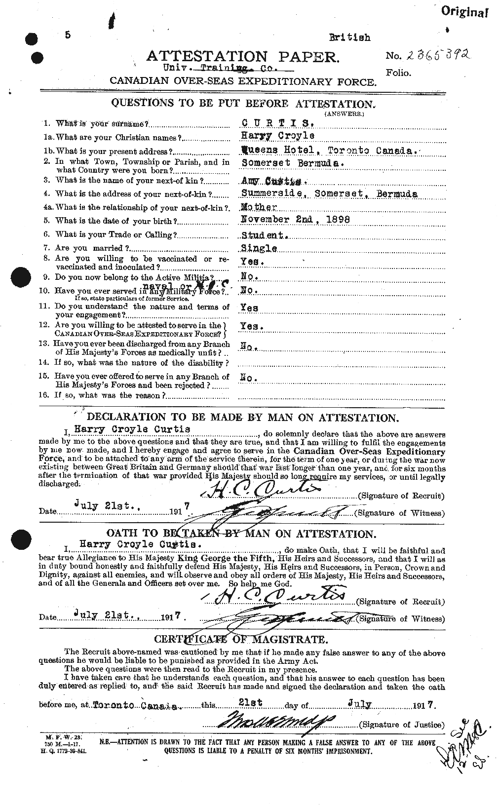 Dossiers du Personnel de la Première Guerre mondiale - CEC 072196a