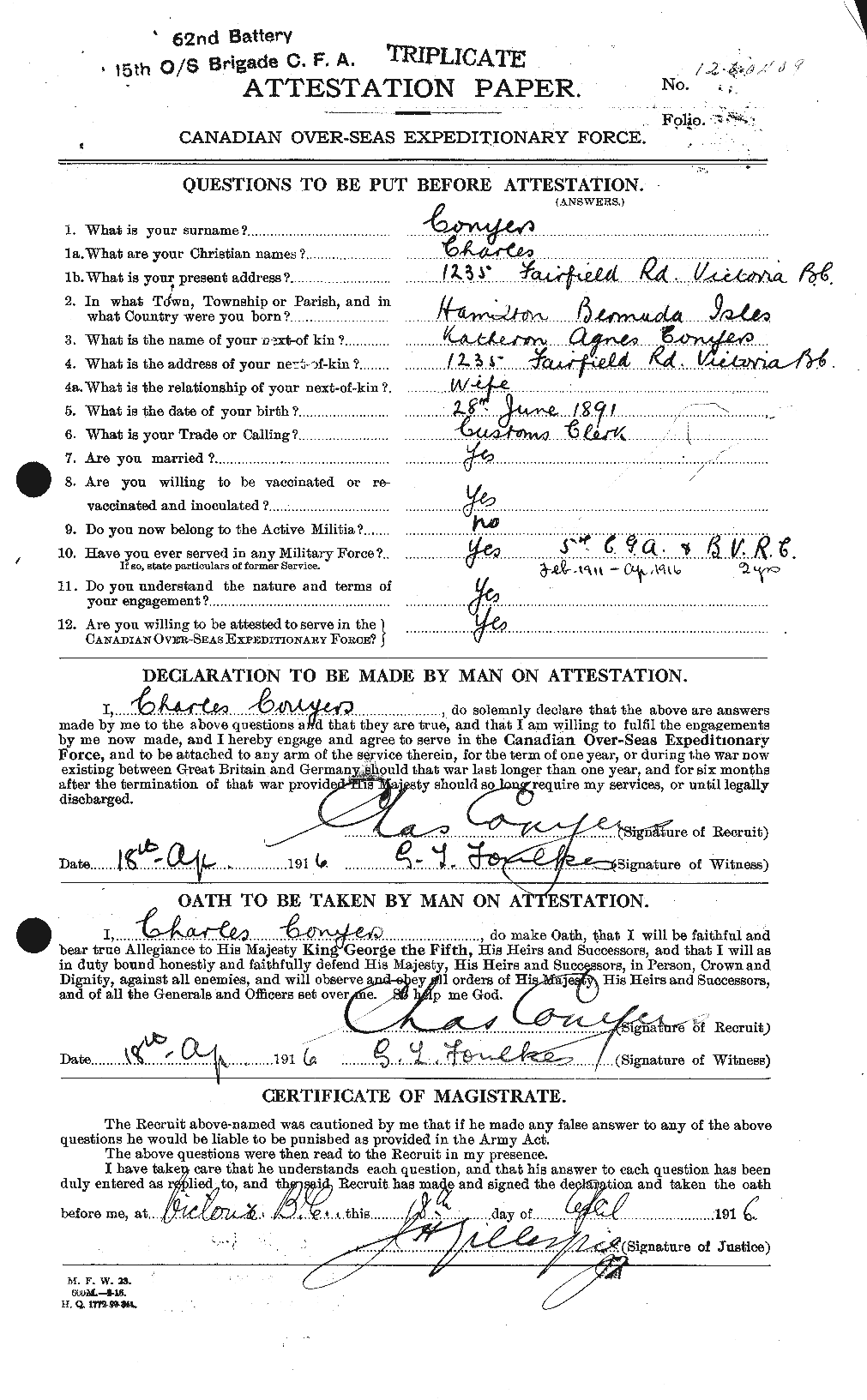 Dossiers du Personnel de la Première Guerre mondiale - CEC 072879a