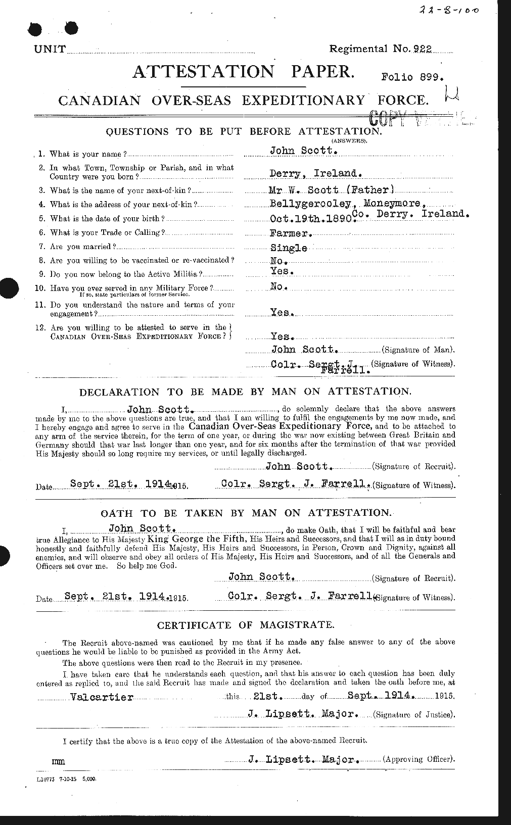 Dossiers du Personnel de la Première Guerre mondiale - CEC 084908a