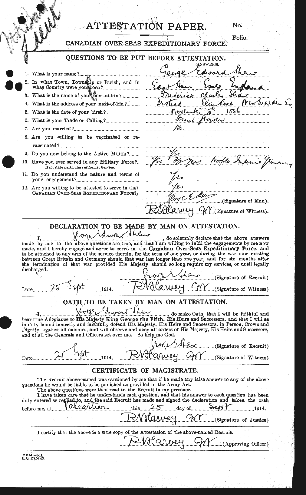 Dossiers du Personnel de la Première Guerre mondiale - CEC 091796a