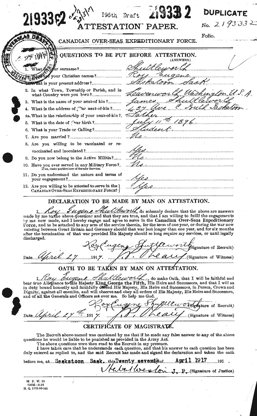 Dossiers du Personnel de la Première Guerre mondiale - CEC 096809a