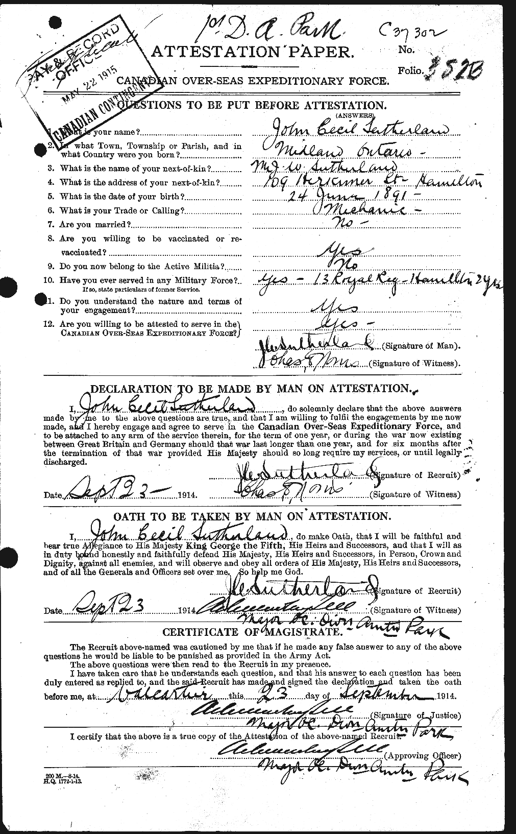 Dossiers du Personnel de la Première Guerre mondiale - CEC 124701a