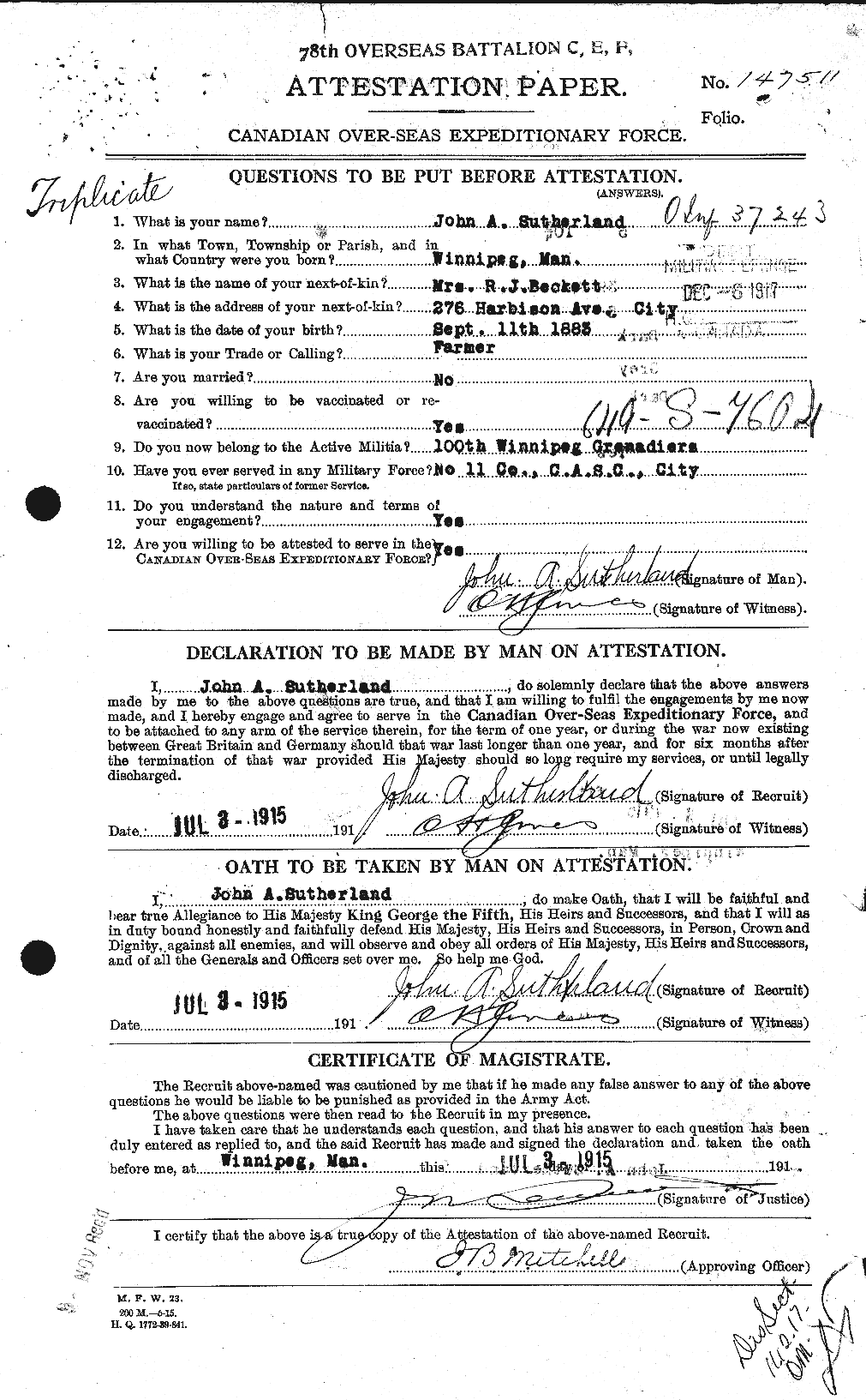 Dossiers du Personnel de la Première Guerre mondiale - CEC 124707a