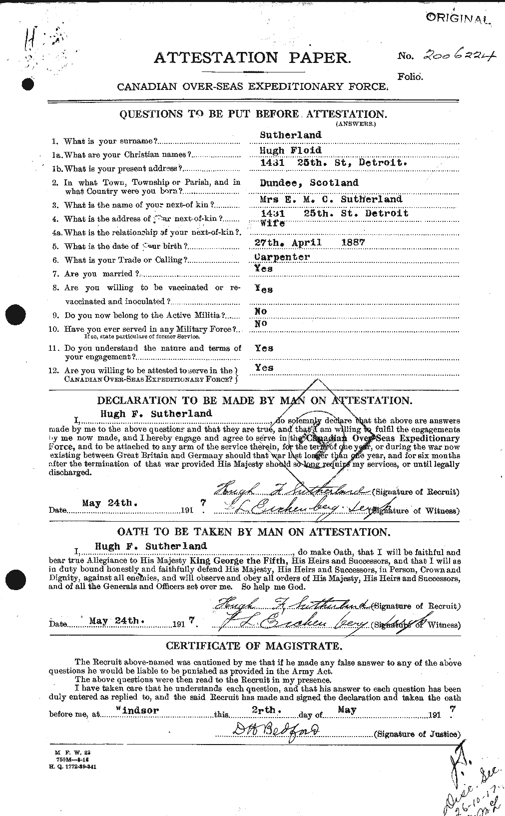 Dossiers du Personnel de la Première Guerre mondiale - CEC 124787a