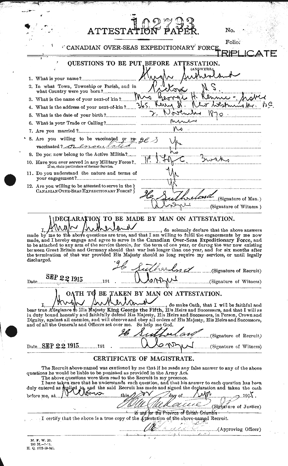 Dossiers du Personnel de la Première Guerre mondiale - CEC 124792a