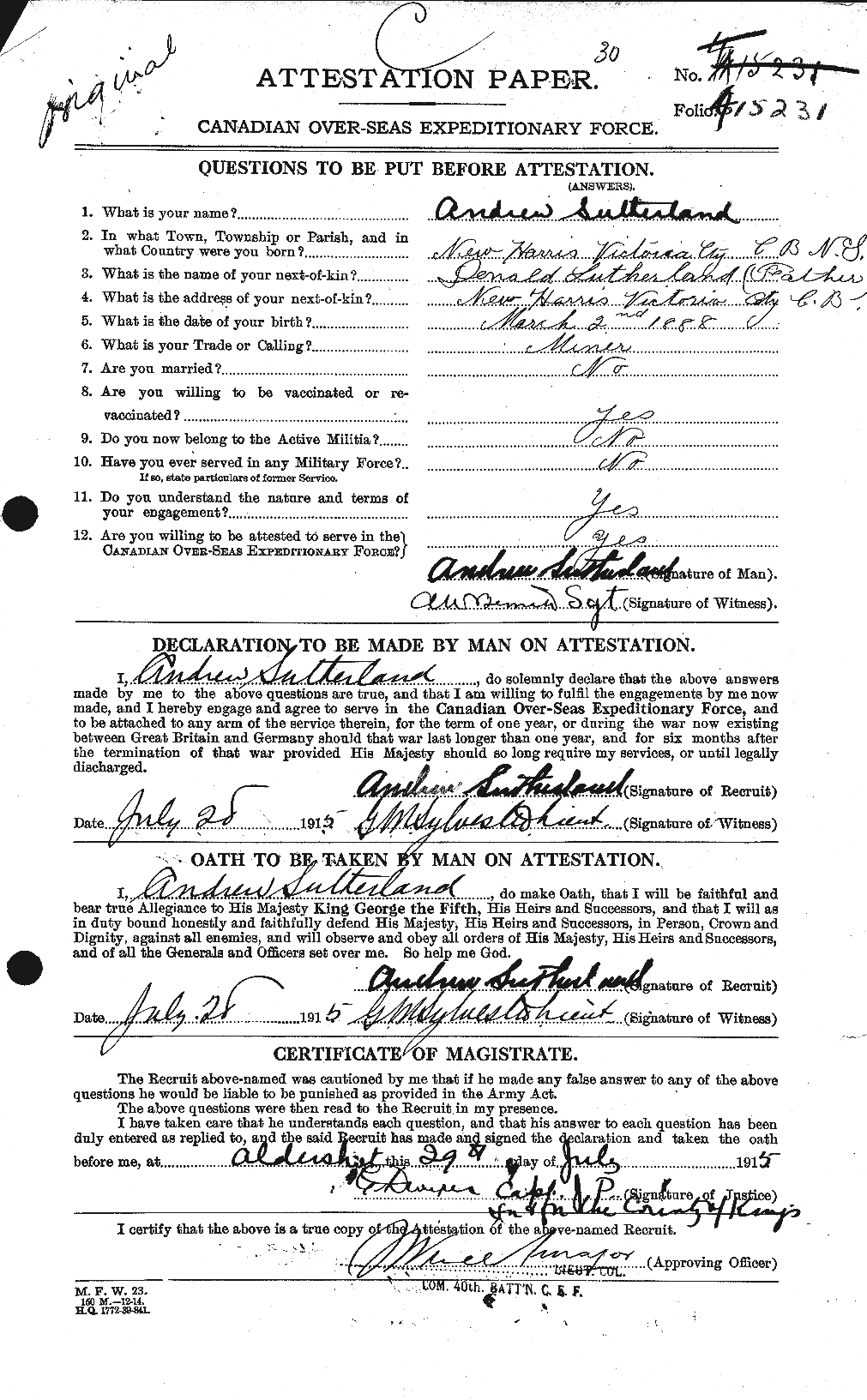 Dossiers du Personnel de la Première Guerre mondiale - CEC 125330a