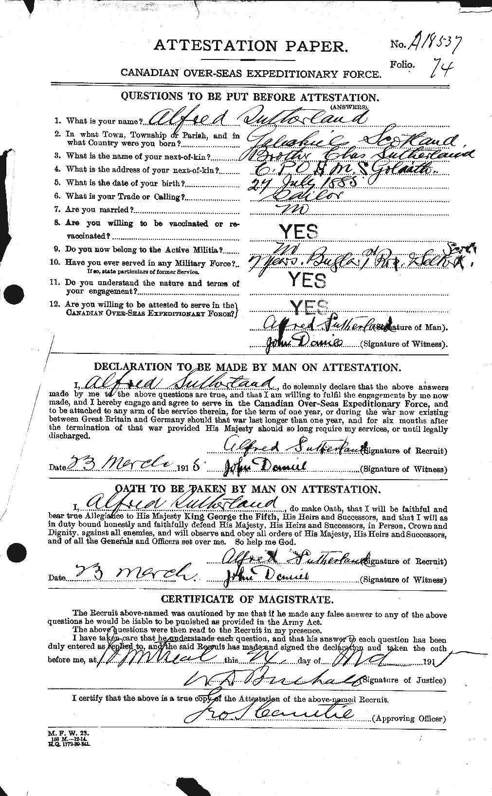 Dossiers du Personnel de la Première Guerre mondiale - CEC 125337a