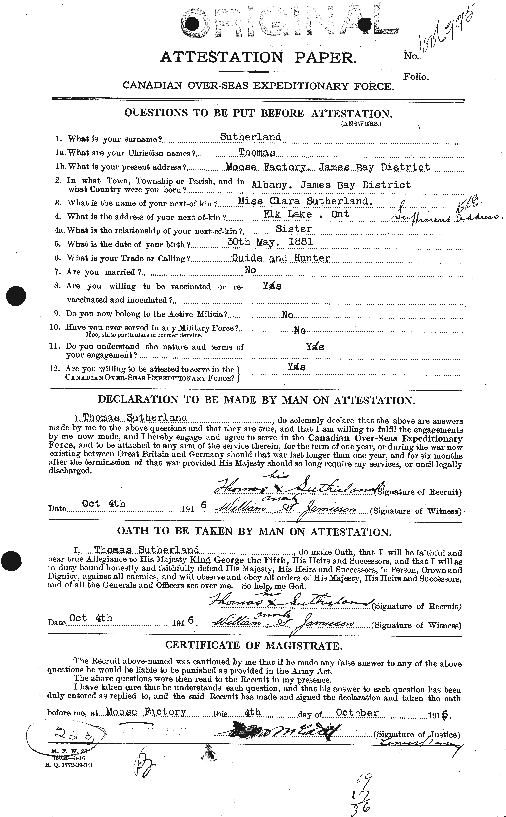 Dossiers du Personnel de la Première Guerre mondiale - CEC 126554a