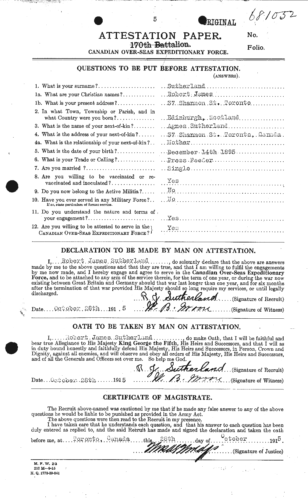 Dossiers du Personnel de la Première Guerre mondiale - CEC 126791a