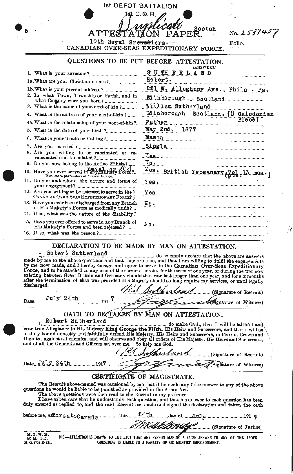 Dossiers du Personnel de la Première Guerre mondiale - CEC 126808a