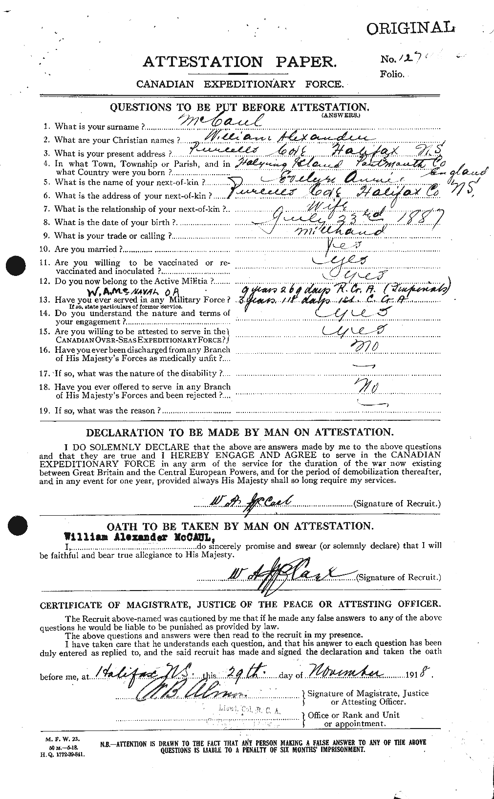 Dossiers du Personnel de la Première Guerre mondiale - CEC 133164a