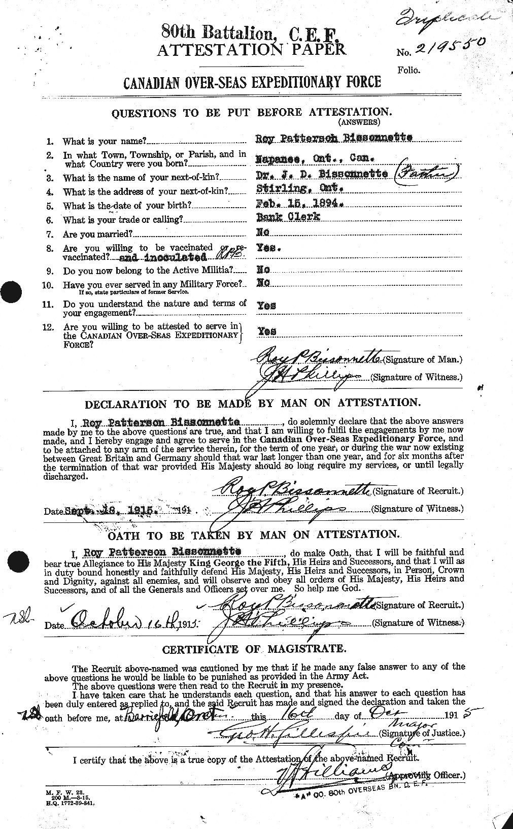 Dossiers du Personnel de la Première Guerre mondiale - CEC 200227a