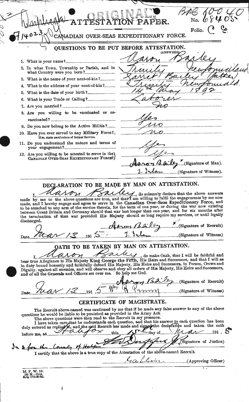 Dossiers du Personnel de la Première Guerre mondiale - CEC 218456a