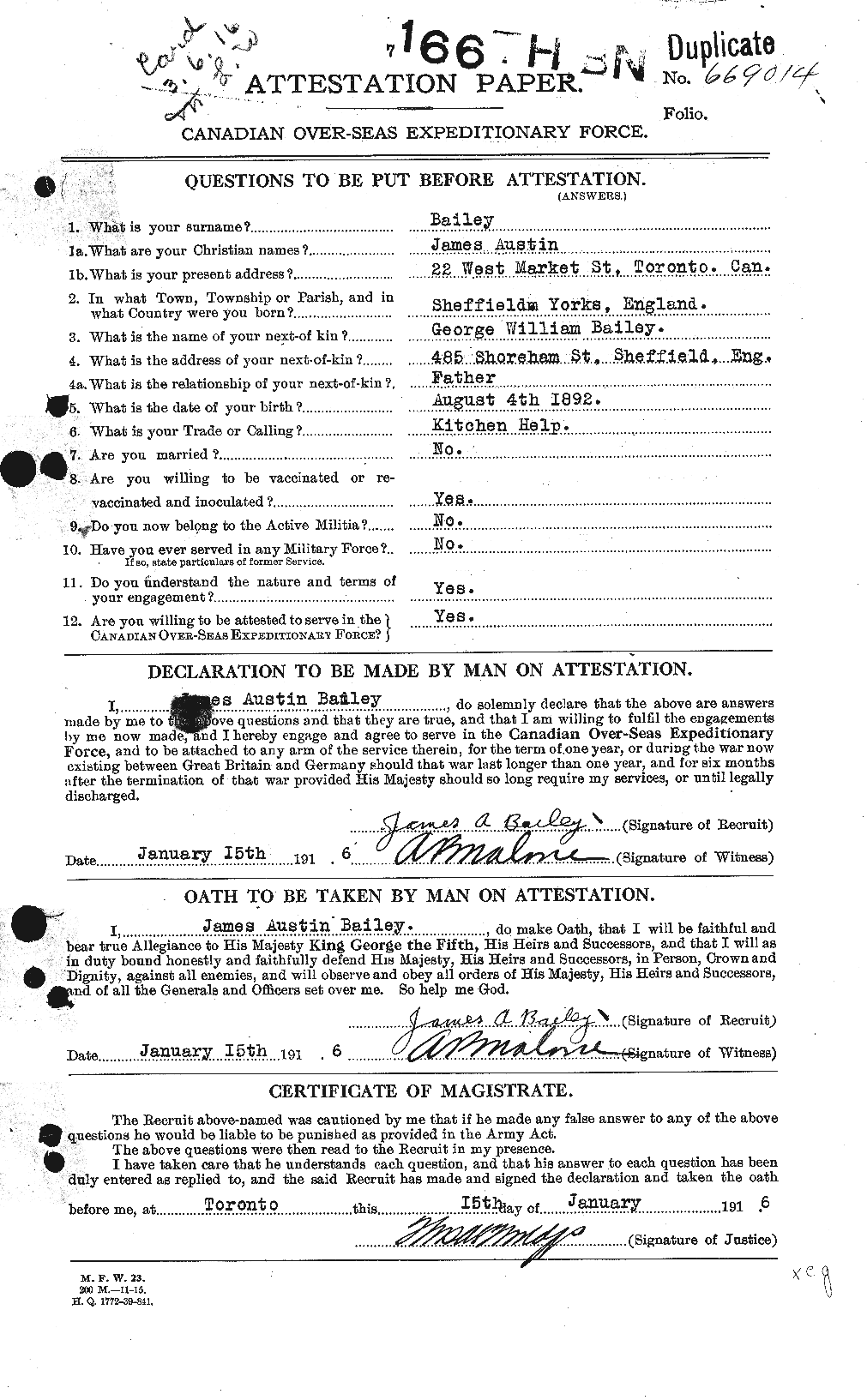 Dossiers du Personnel de la Première Guerre mondiale - CEC 218854a