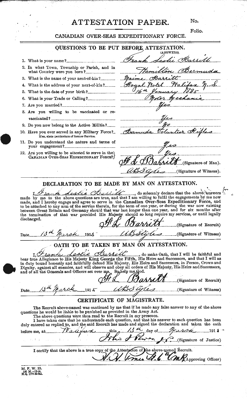 Dossiers du Personnel de la Première Guerre mondiale - CEC 219958a