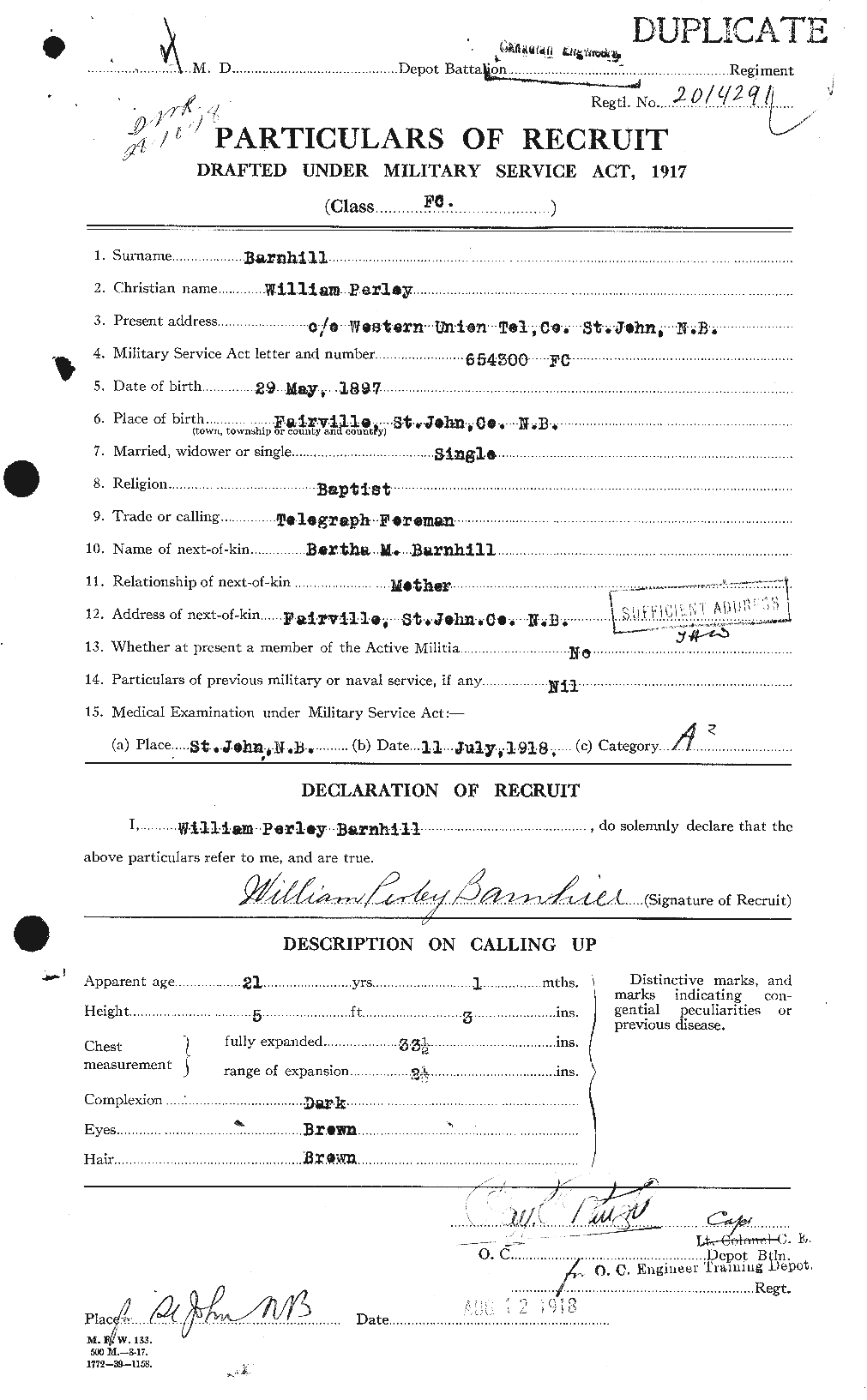 Dossiers du Personnel de la Première Guerre mondiale - CEC 222797a