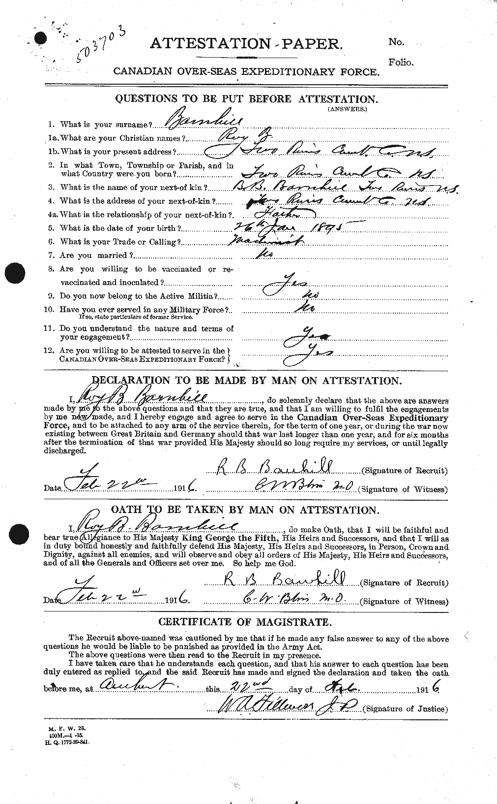 Dossiers du Personnel de la Première Guerre mondiale - CEC 222798a