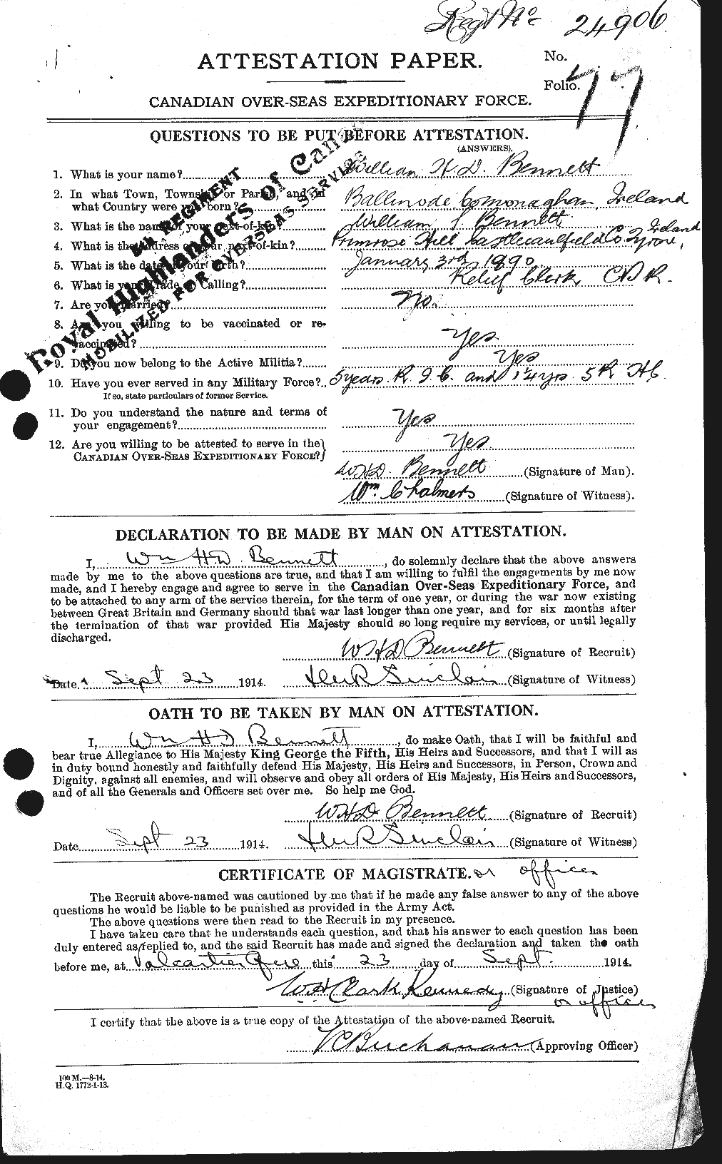 Dossiers du Personnel de la Première Guerre mondiale - CEC 236549a