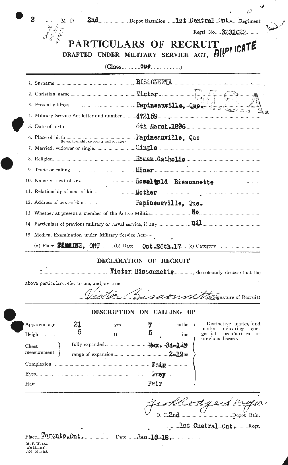 Dossiers du Personnel de la Première Guerre mondiale - CEC 246237a