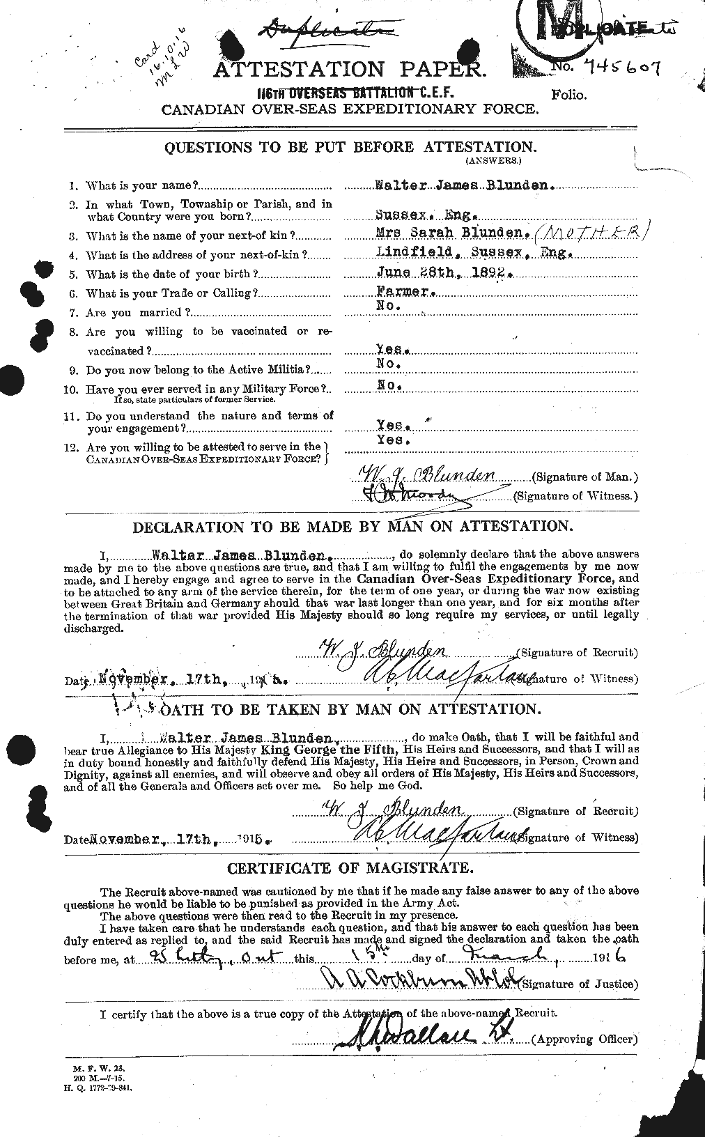 Dossiers du Personnel de la Première Guerre mondiale - CEC 247223a
