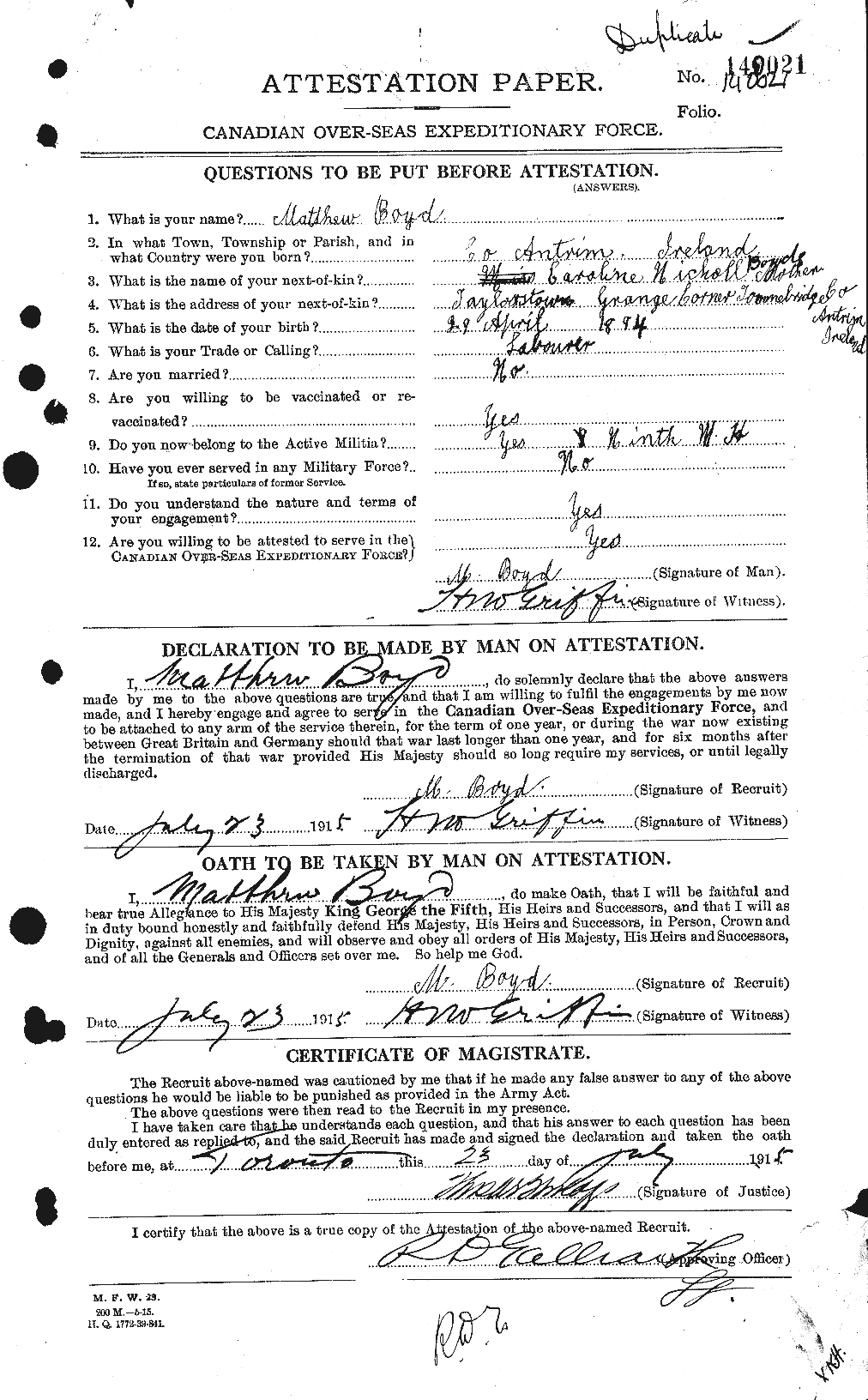 Dossiers du Personnel de la Première Guerre mondiale - CEC 257046a