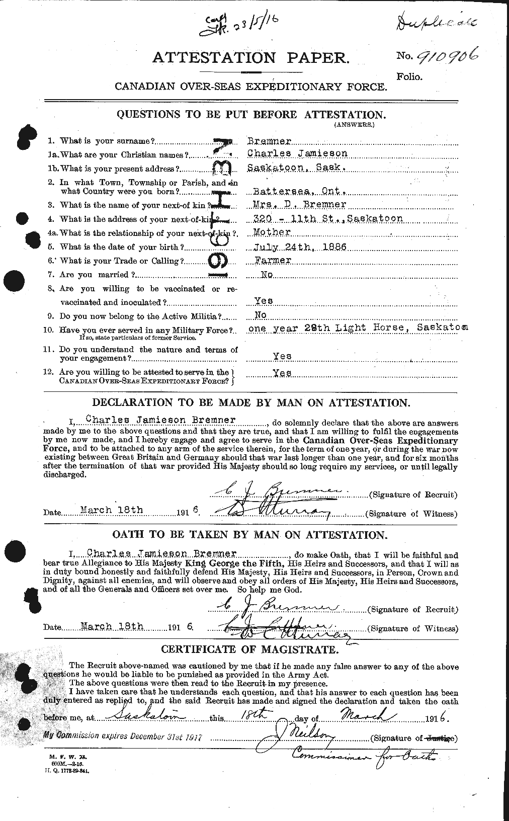 Dossiers du Personnel de la Première Guerre mondiale - CEC 259156a