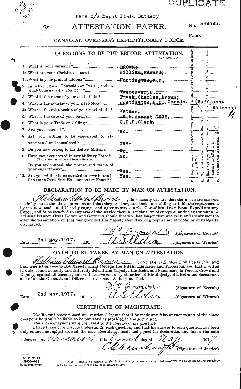 Dossiers du Personnel de la Première Guerre mondiale - CEC 268262a