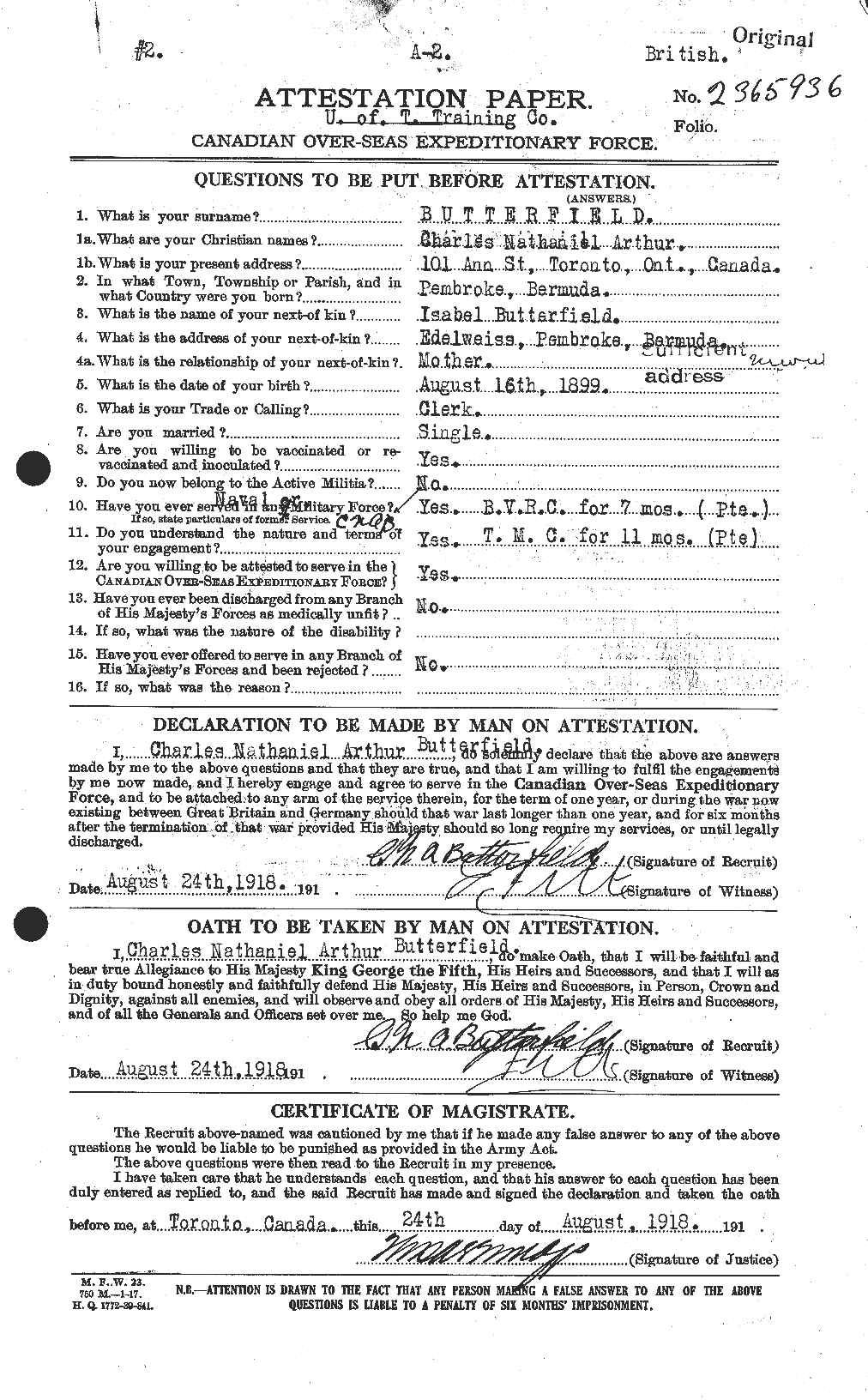 Dossiers du Personnel de la Première Guerre mondiale - CEC 278227a