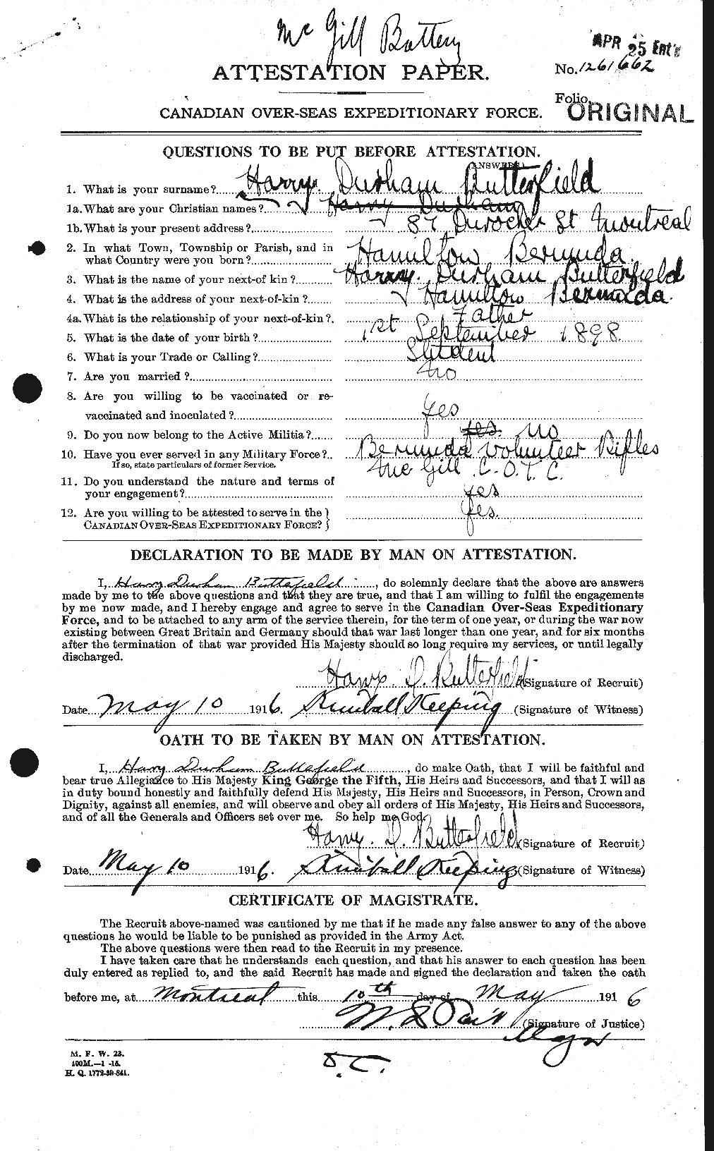 Dossiers du Personnel de la Première Guerre mondiale - CEC 278240a