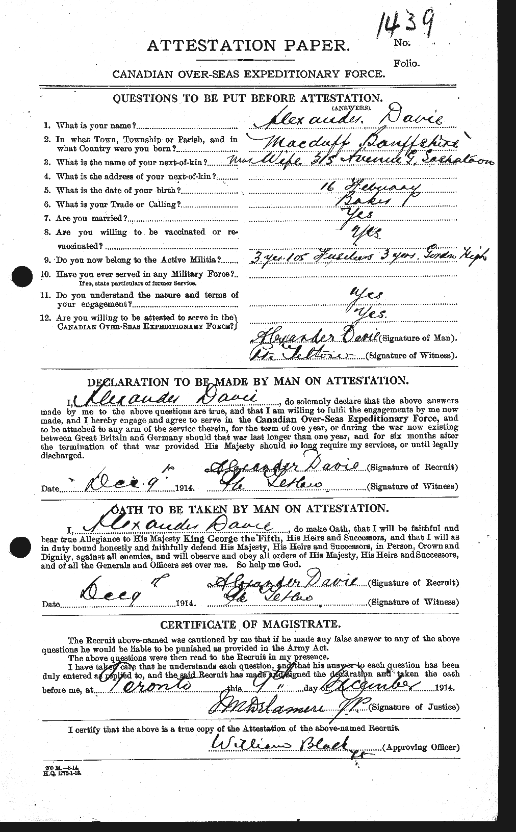 Dossiers du Personnel de la Première Guerre mondiale - CEC 278807a