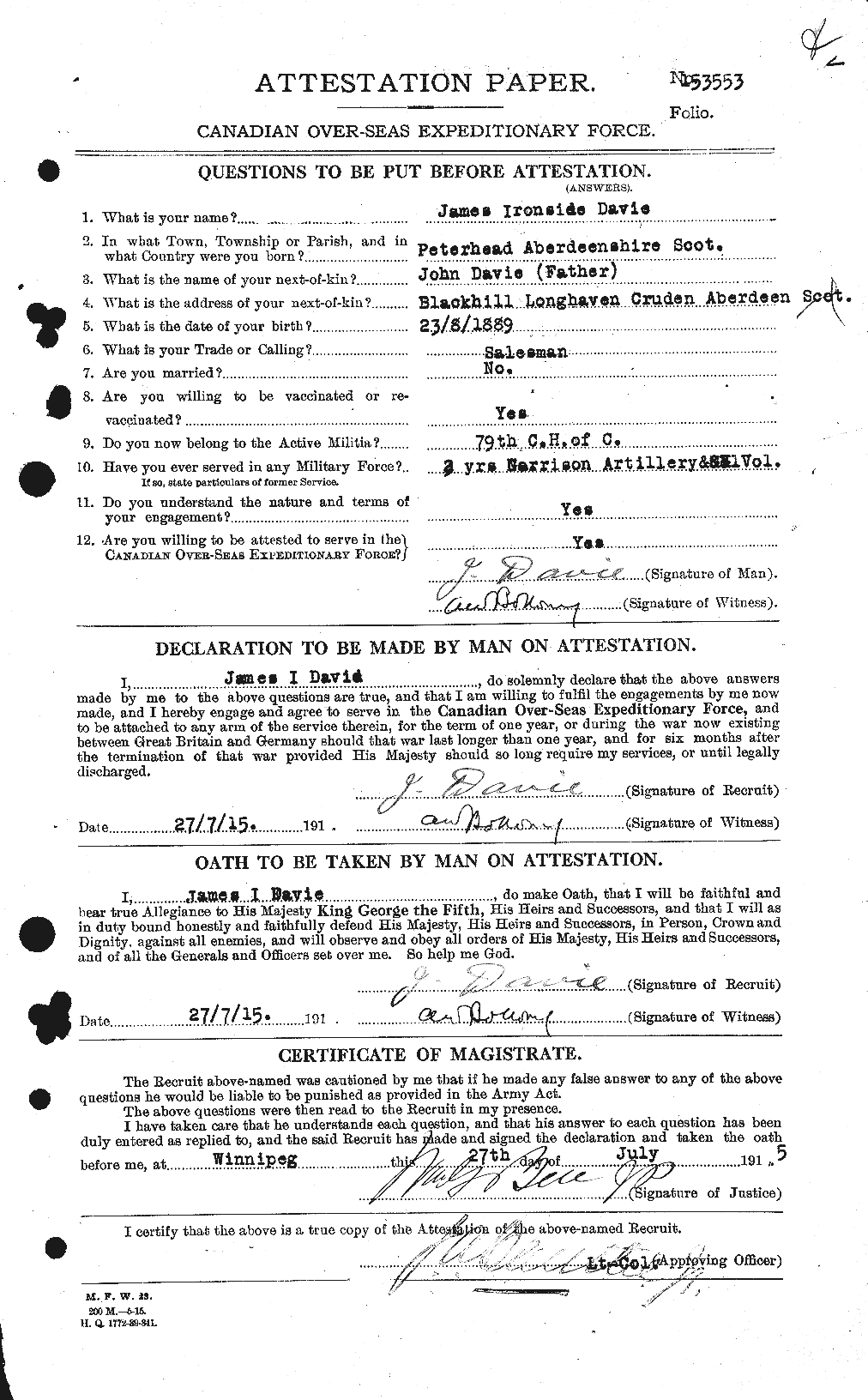 Dossiers du Personnel de la Première Guerre mondiale - CEC 278834a