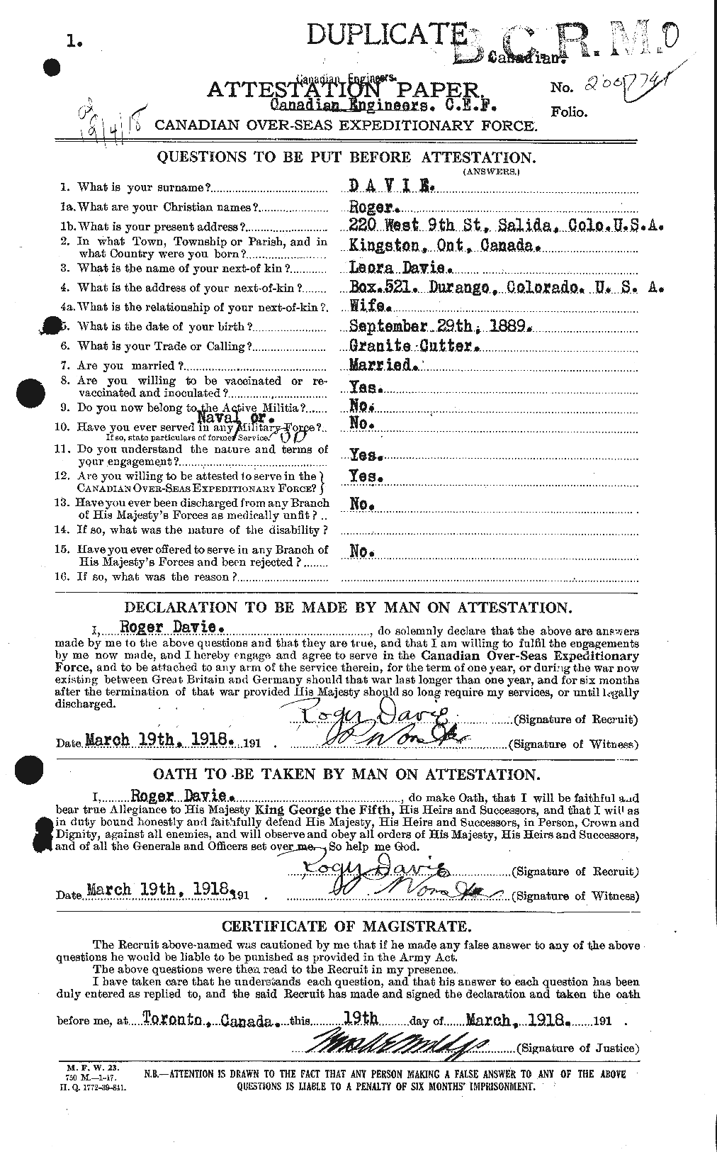 Dossiers du Personnel de la Première Guerre mondiale - CEC 278845a