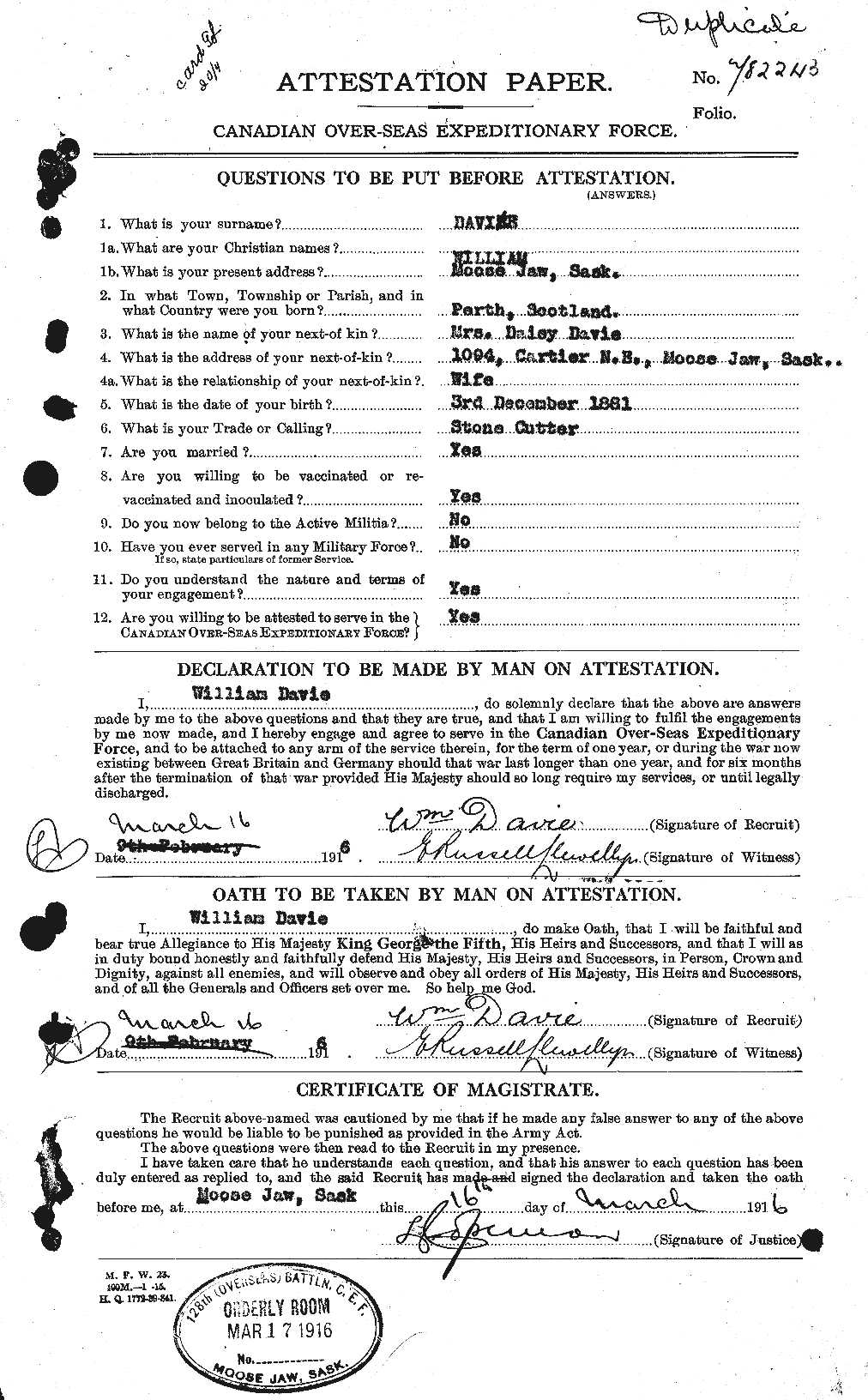 Dossiers du Personnel de la Première Guerre mondiale - CEC 278848a