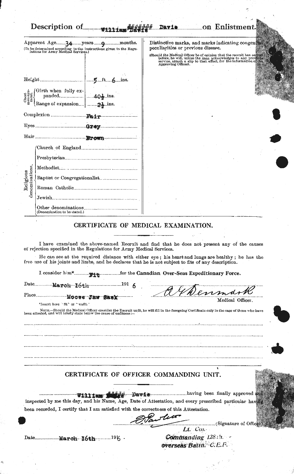 Dossiers du Personnel de la Première Guerre mondiale - CEC 278848b