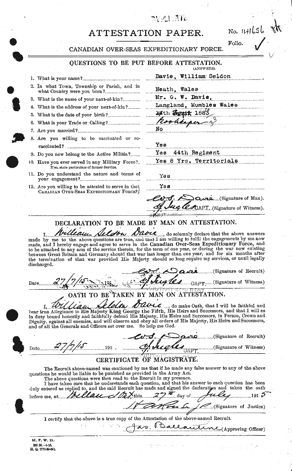 Dossiers du Personnel de la Première Guerre mondiale - CEC 278851a