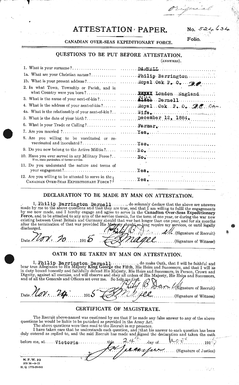 Dossiers du Personnel de la Première Guerre mondiale - CEC 280296a