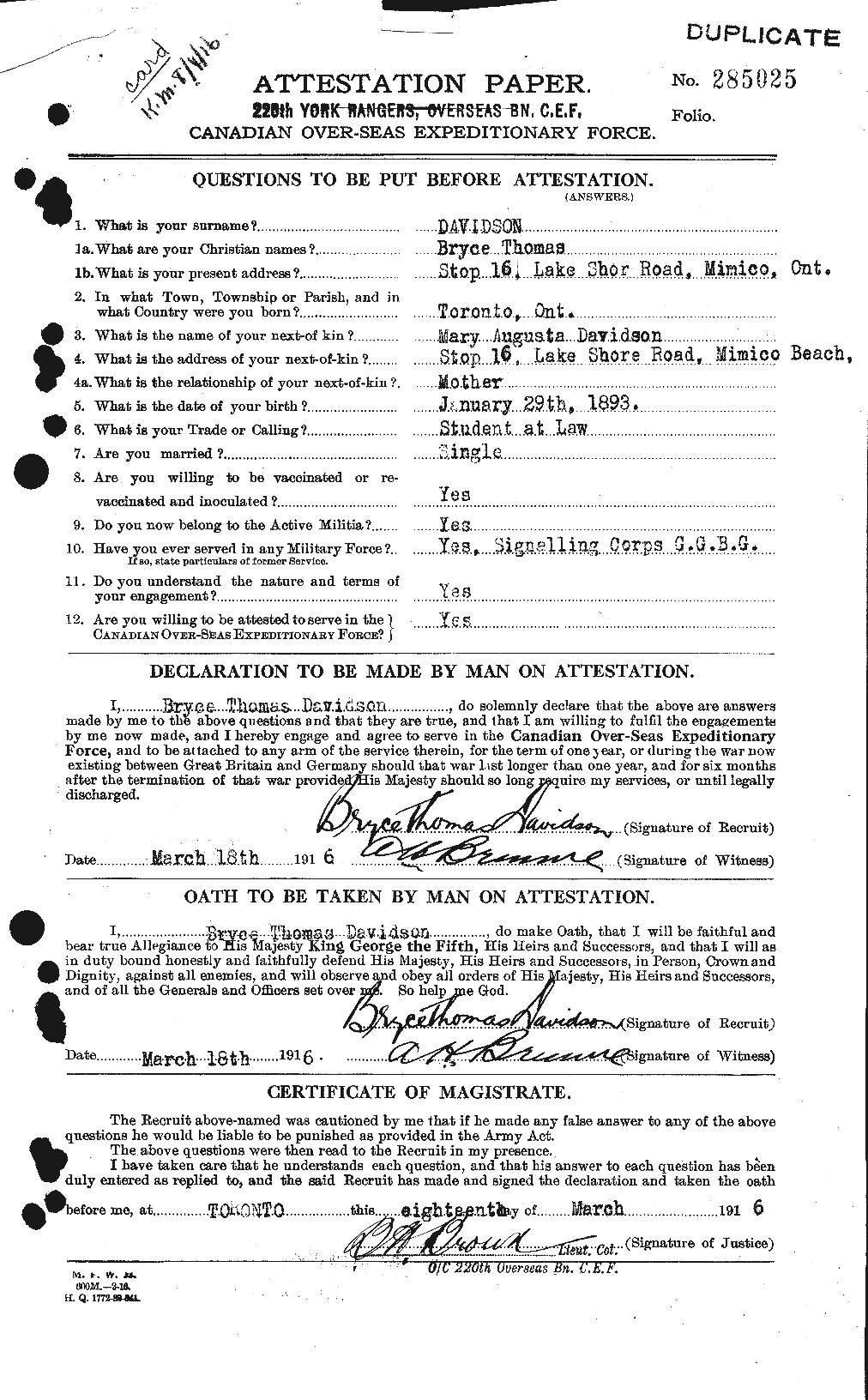 Dossiers du Personnel de la Première Guerre mondiale - CEC 281003a