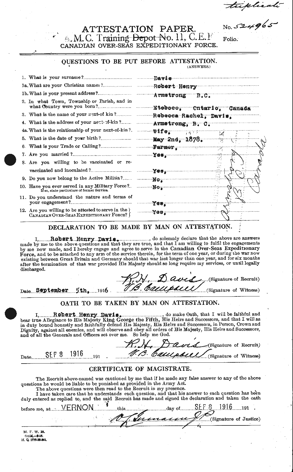 Dossiers du Personnel de la Première Guerre mondiale - CEC 284279a