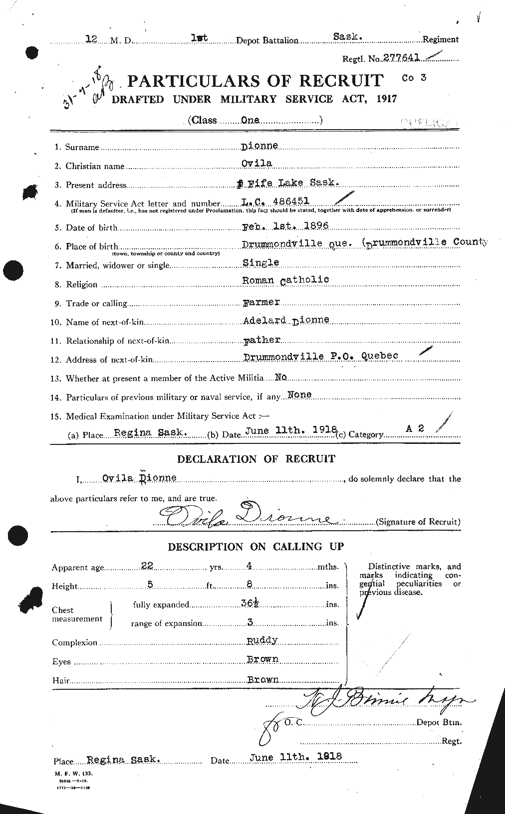 Dossiers du Personnel de la Première Guerre mondiale - CEC 292665a