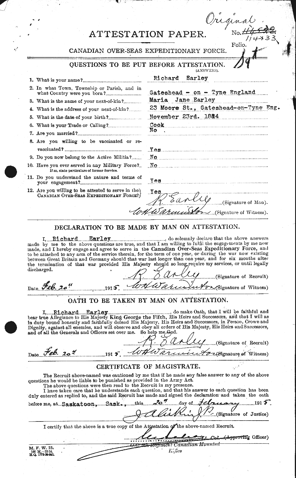Dossiers du Personnel de la Première Guerre mondiale - CEC 307126a