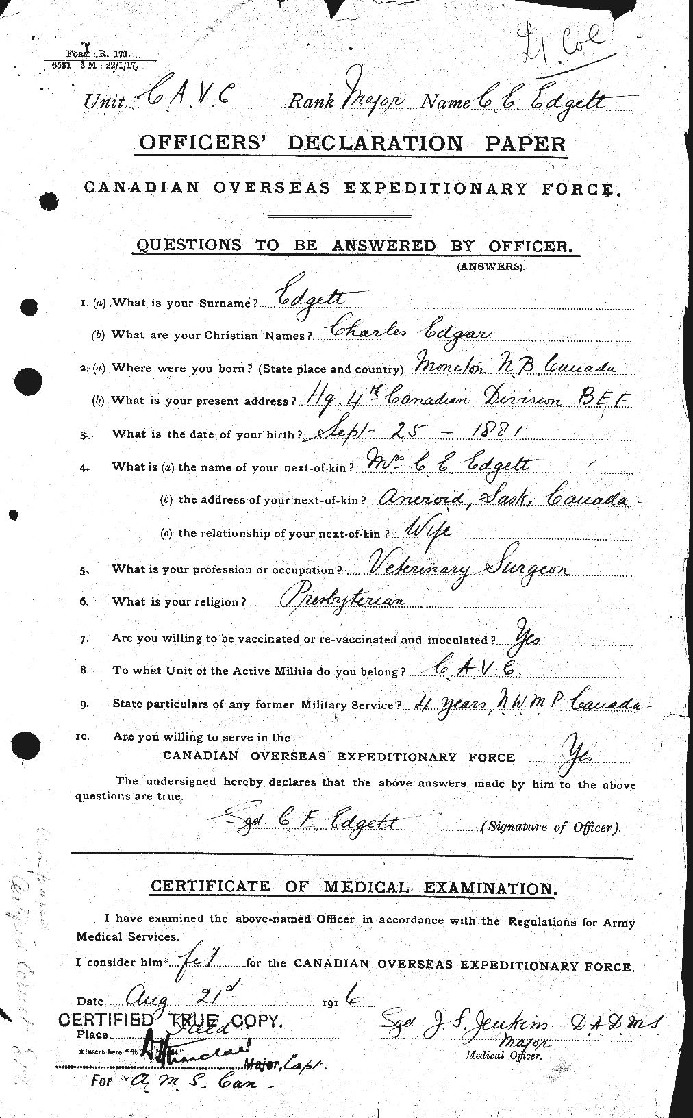 Dossiers du Personnel de la Première Guerre mondiale - CEC 308292a
