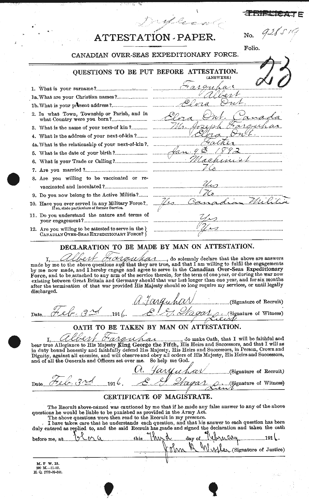 Dossiers du Personnel de la Première Guerre mondiale - CEC 318756a