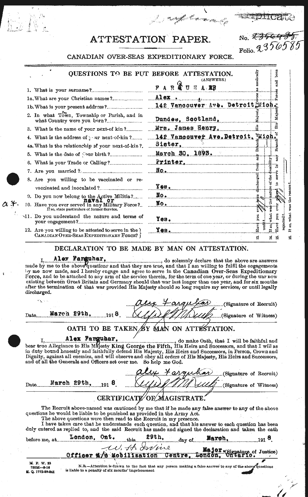 Dossiers du Personnel de la Première Guerre mondiale - CEC 318757a
